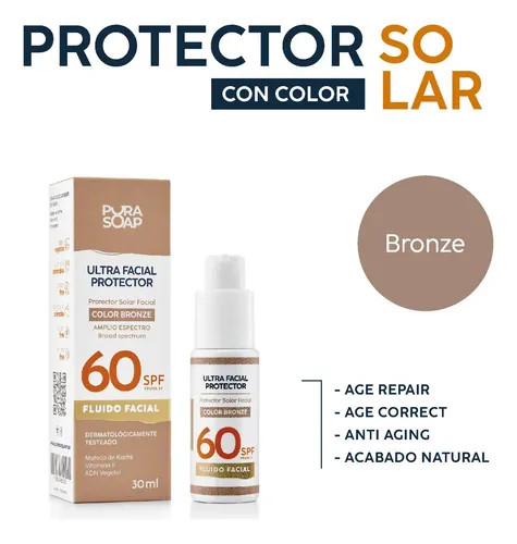 Protector Solar Facial Factor 60 Tono Bronze Antiage Piel Sensible Fluido