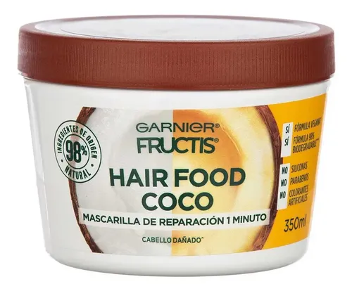 Garnier Fructis Hair Food Mascarilla Capilar Tratamiento 3 en 1 Reparador para Cabello Dañado y Seco, con Coco, Fórmula Vegana de 98% Origen Natural, Sin Siliconas, 350 ml