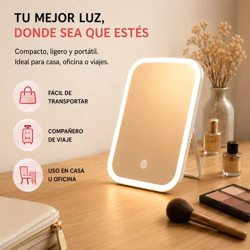Espejo Maquillaje Led Recargable 23cm 3 Tonos Luz