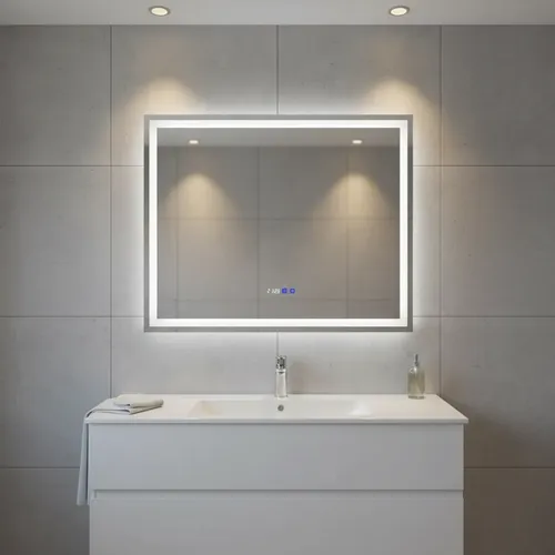 Espejo Led Baño 100 X 80 B 3 Luces Desempañador Reloj Temp