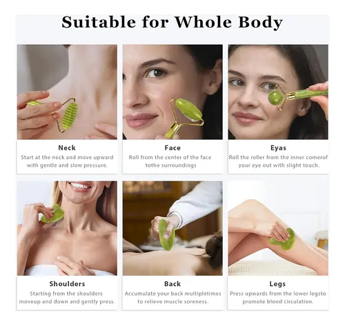 Set 3 Piezas Masaje Jade Rodillo Y Gua Sha Facial