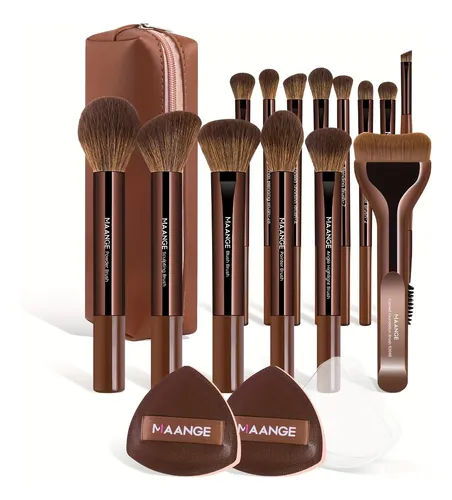 14 Pinceles De Maquillaje, 2 Esponjas De Maquillaje Con Almo Marrón