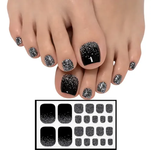 Tiras De Uñas Gel Para Pies Autoadhesivas 22u – No Necesita Lampara UV – Negro Silver Glitter