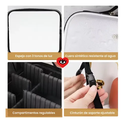 Estuche Porta Cosmetico Negro Espejo Led Neceser Maquillaje Impermeable Veoquiero