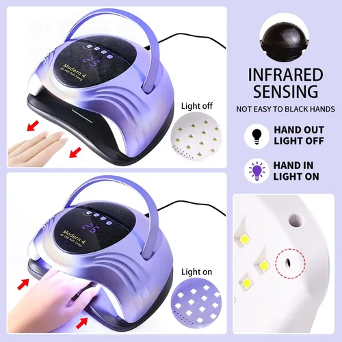 Lámpara Uv Led Profesional Perla Violeta Con Sensor Y 4 Tie