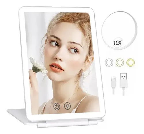 Espejo De Maquillaje Con Luz Y Aumento X10 Recargable Y Pleg