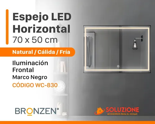 Espejo Premium Horizontal Rectangular Luz Led Frontal 70×50