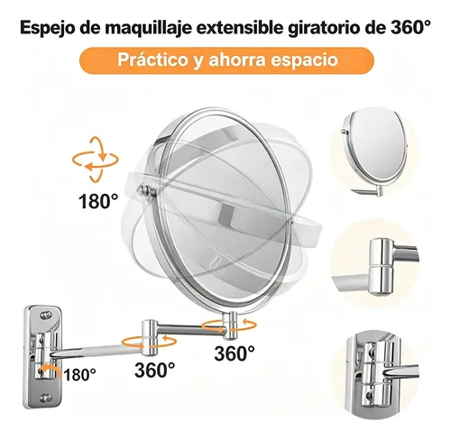 Espejo Maquillaje Pared Doble Cara Extensible Giratorio 360°