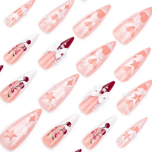 Uñas Adheribles French Tip Largas Stiletto Con Laço 3d