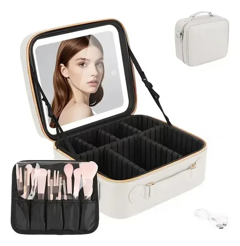 Maletín Porta Cosméticos Con Espejo Y Luz Led Recargable Blanco