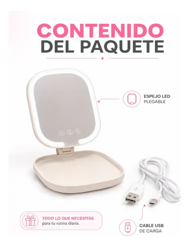 Espejo Luz Led Tactil Recargable Cuadrado Maquillaje Usb