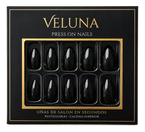 VELUNA Uñas Postizas Press On Cortas Soft Gel Almendradas 30u Reutilizables – Color Negro