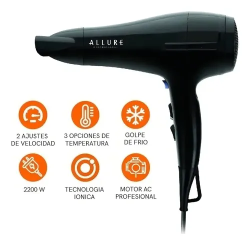 Secador de Pelo Profesional Allure 2200W Iónico 2 Velocidades Negro