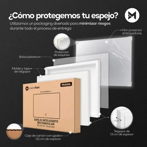 Espejo Rectangular de Baño con Luz LED Táctil y Antiempañante, 80x60cm