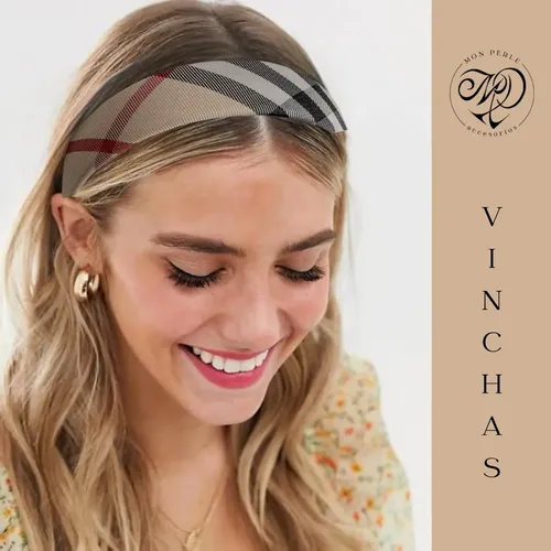 Vincha Pelo Escocesa Diademas Forradas Beige