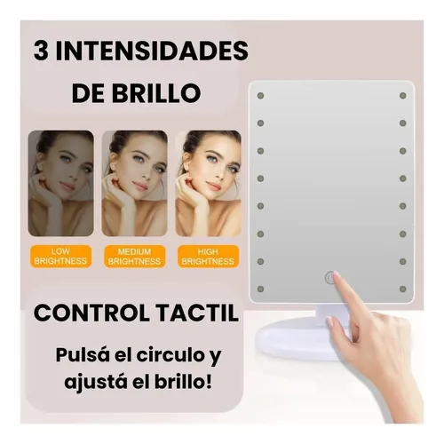 Espejo Con Luz Fria 16 Led Maquillaje De Pie Tactil Usb Pila Blanco