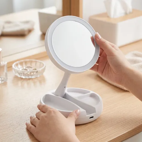 Espejo Doble Cara Luz Led Maquillaje Articulado Aumento Base