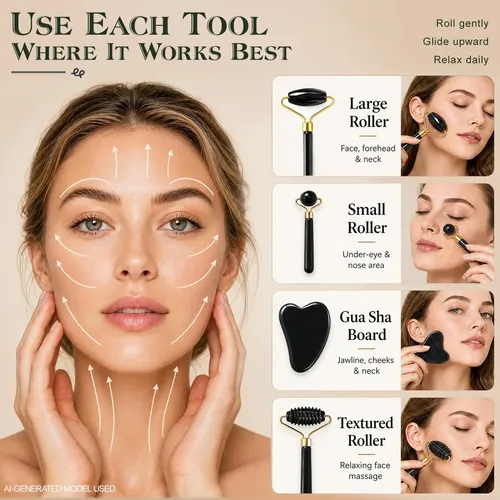 Set Masajeador Facial Jade Roller Gua Sha 3 Piezas Negro