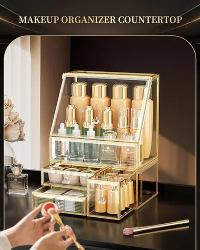 Organizador De Maquillaje De Vidrio Coralhouse –  Cajón –  C Coral Claro