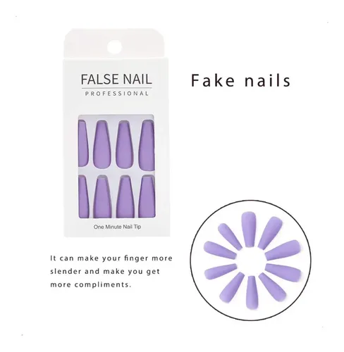 Uñas Postizas Brillantes Elisabeth&Co Coffin Violeta Esculpidas 24 Piezas Con Pegamento