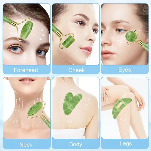 Kit Masajeador Facial Jade Roller Y Gua Sha 5 Unidades Verde