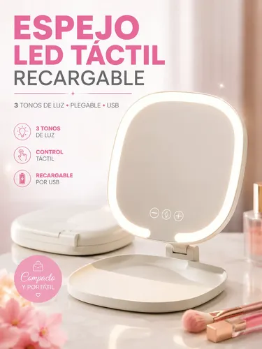 Espejo Luz Led Tactil Recargable Cuadrado Maquillaje Usb