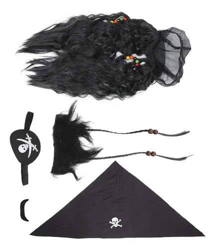 Set De Peluca Con Barba Falsa Y Bigote De Pirata Negro