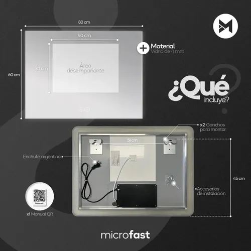Espejo Rectangular de Baño con Luz LED Táctil y Antiempañante, 80x60cm