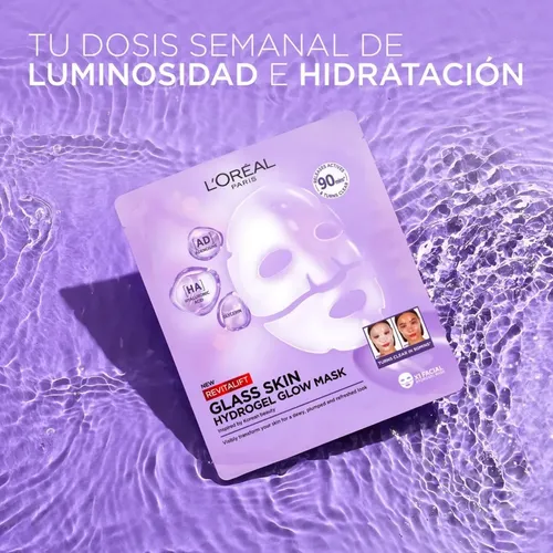 L’Oréal Paris Revitalift Glass Skin Mascarilla Hidrogel 1 pza EFECTO GLOW EN 90 MIN, Hidratación Profunda con Centella Asiática y Ácido Hialurónico. Para todo tipo de piel/ piel mixta a grasa