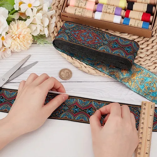 1 Roll De Cinta De Poliéster Con Diseño Floral Estilo Nacion Black With Red And Turquoise Accents Floral / Jacquard Medallion