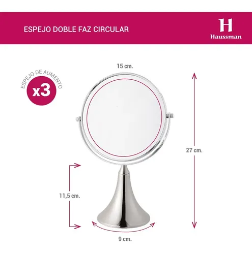 Espejo Para Maquillaje Aumento X3 Doble Faz Base Metal