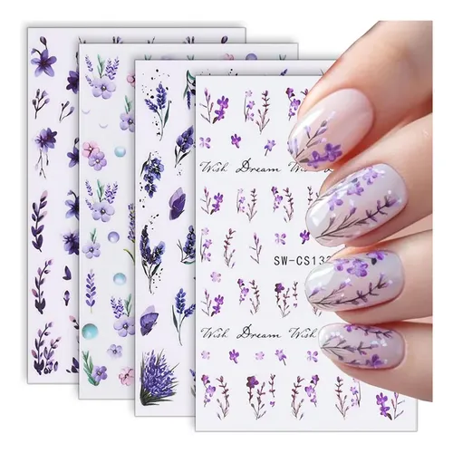 Pegatinas De Uñas Wenewfine 3d Con Forma De Flor Rosa Y Púrp