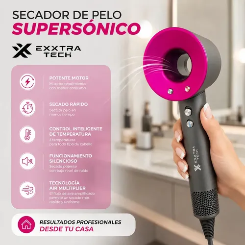 Secador de Pelo Profesional Exxtra Tech con 5 Boquillas Magnéticas y Soporte de Pared, 2000W Iónico Color Fucsia