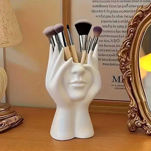 Organizador Porta Brochas De Maquillaje Diseño Manos Rostro Blanco