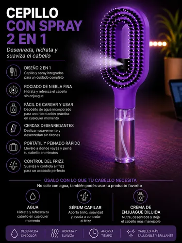 Cepillo Desenredante Antifrizz Con Spray 2 En 1 Atomizador