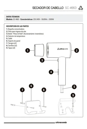 Secador De Pelo Ultracomb Sc-4663 Con Soporte Pared 2000w Verde