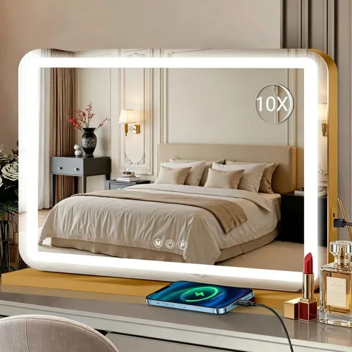 Espejo De Maquillaje Con Luz Led 58x46cm Dorado