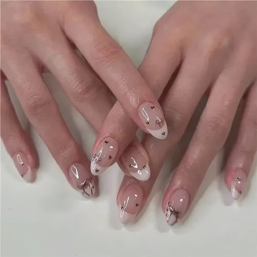 Uñas Postizas Con Lazo Rosa Francés En Forma De Corazón