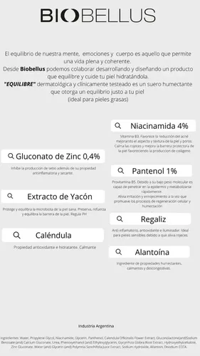 Suero Facial Niacinamida Equilibre Zinc Piel Grasa Biobellus