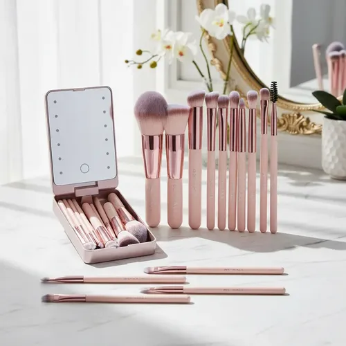 Set De Brochas Maquillaje Bsmall 14 Piezas Con Espejo Led