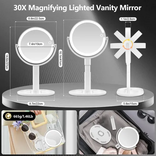 Espejo De Maquillaje Miyadiva Con Aumento 30x, Luz Y Soporte