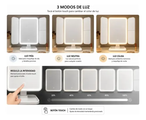 Espejo Led Triple Maquillaje Zoom Recargable Táctil Xr-3300