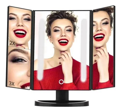 Espejo Tríptico Beauty24 Maquillaje Rectangular con Luz LED Aumento Negro