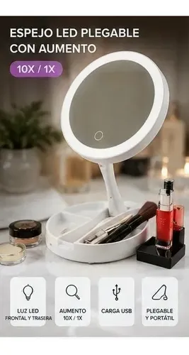 Espejo Maquillaje Con Led Plegable Usb Aumento 10x Doble Faz