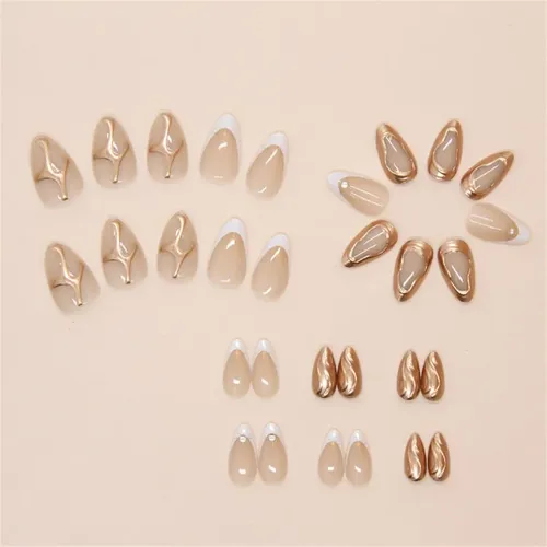 Uñas Press On Soft Gel Nude Con Detalles Dorados Color French Gold Modern
