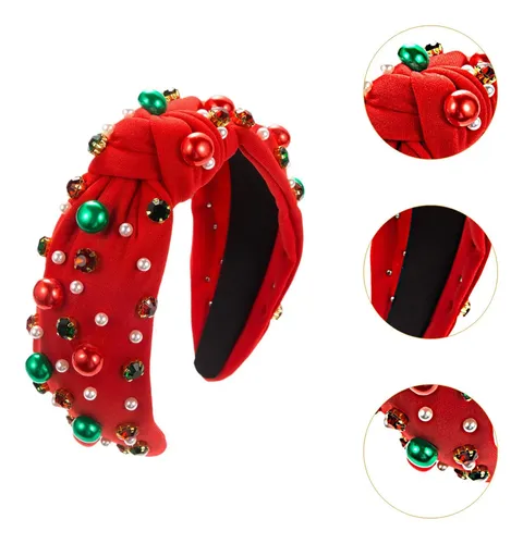 Diadema De Navidad Roja Ancha Con Perlas Y Rhinestones