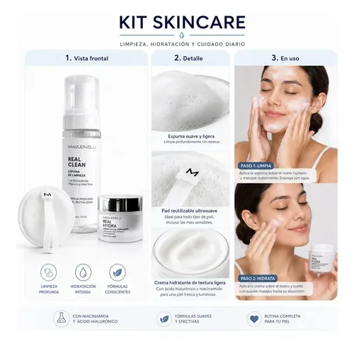 Rutina Skincare Completa – Espuma De Limpieza + Crema Hidratante Facial Real Hydra Acido Hialuronico Niacinamida Todo Tipo De Piel