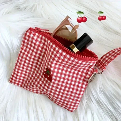Bolsa De Cosméticos Portátil Bordada En Cereza A Cuadros Roj