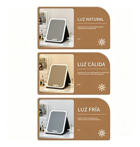 Espejo Maquillaje Led Plegable Luz Fría Cálida Natural Usb Negro
