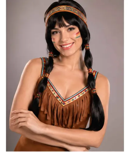 Peluca India Negra Trenzas Disfraz Cotillón Fiesta Adulto